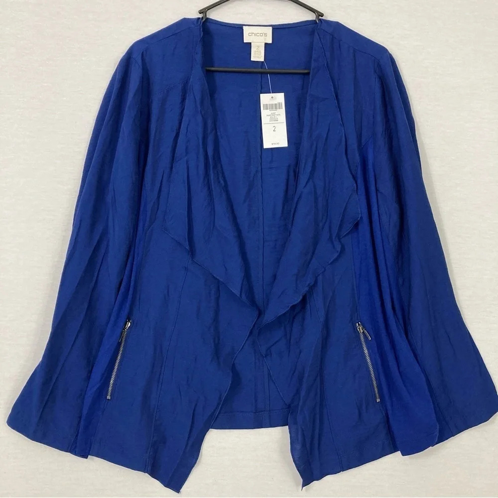 New Chico's Drape Front Soft Lightweight Jacket in Viking Blue Large‎